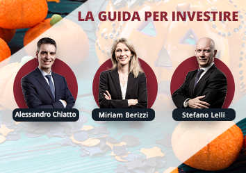 Tre professionisti in abiti formali sono in piedi davanti a uno sfondo di zucche e decorazioni autunnali. Il testo sopra recita “La Guida per Investire”.