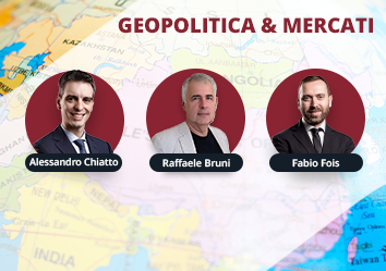 Tre uomini in giacca e cravatta sono raffigurati su uno sfondo rosso circolare sovrapposto a una mappa del mondo. Il testo recita “Geopolitica & Mercati” con i nomi: Alessandro Chiatto, Raffaele Bruni, Fabio Fois. La mappa mostra parti dell'Asia centrale e meridionale.