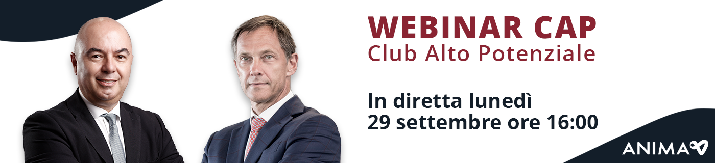 Banner promozionale per un webinar intitolato “Club Alto Potenziale”, con due figure professionali e dettagli dell'evento in italiano.