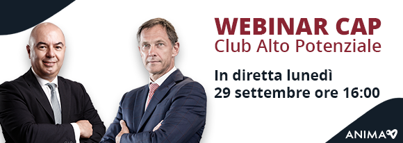 Banner promozionale per un webinar intitolato “Club Alto Potenziale”, con due figure professionali e dettagli dell'evento in italiano.