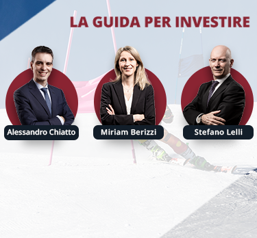 Immagine di tre professionisti del mondo degli affari, Alessandro Chiattto, Miriam Berizzi e Stefano Lelli, sovrapposta a uno sfondo innevato con la scritta “La Guida per Investire”.